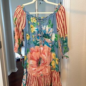 Boho Floral Off-Shoulder Midi Dress in Blue and Coral